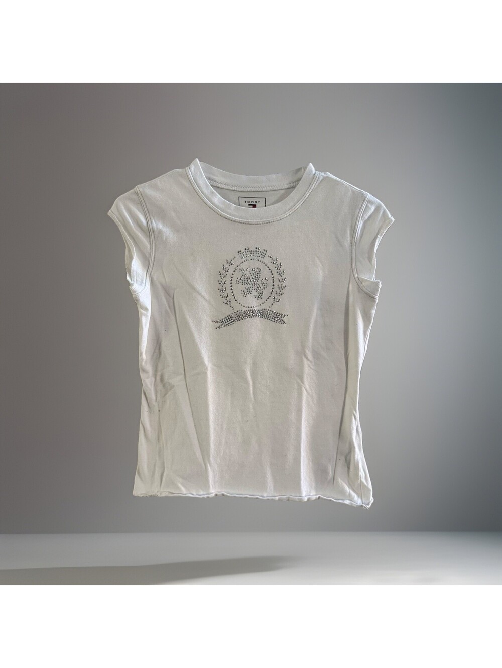 Tommy Hilfiger Womens S White Rhinestone Logo Stretch Baby Tee Made in Canada